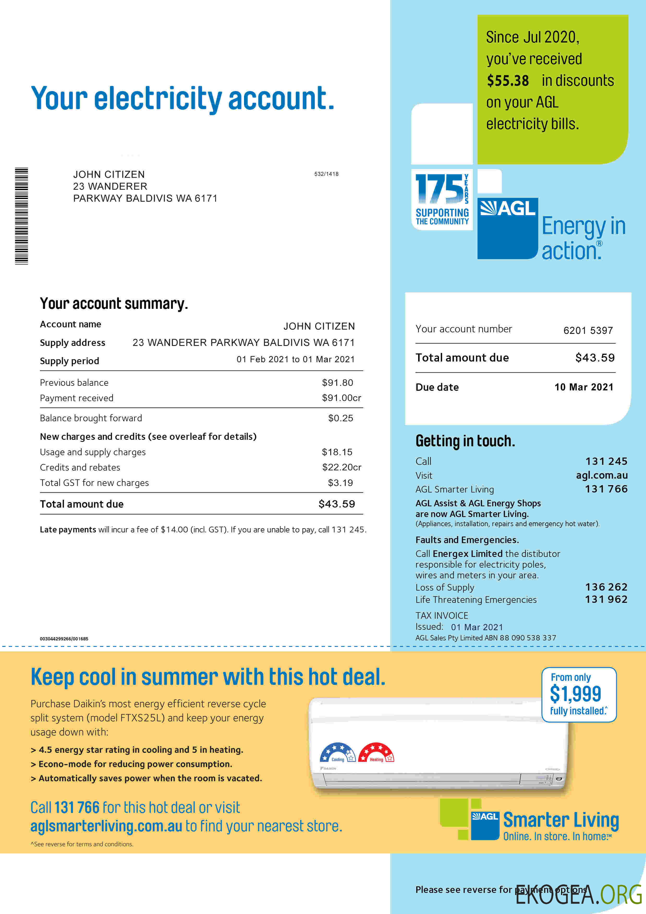 Australia AGL electricity utility bill template, fully editable in PSD format